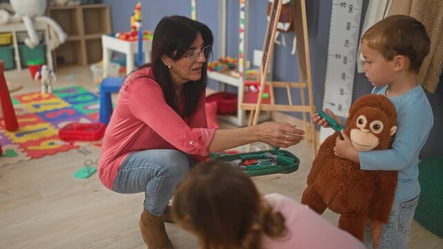 Woman teacher kneels, handing a toy hammer from a green tool case to a child amid floor mats and toys in a building; nurturing learning play.