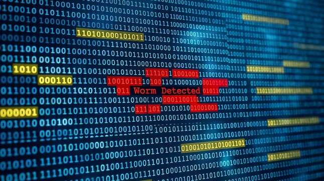 Green digital binary code background with red worm detected text overlay green text digital background