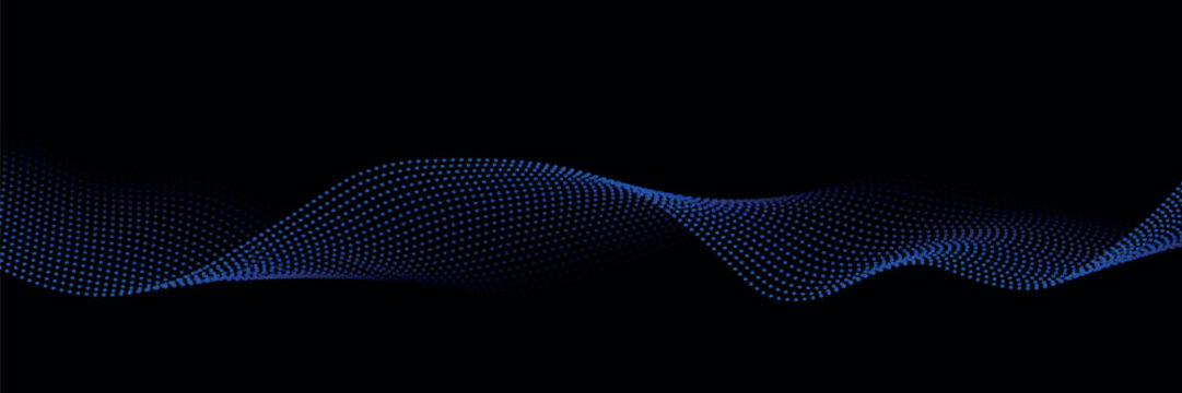 flowing blue dotted particle wave pattern isolated on black gradient background. vector in technology, science, music concept, vector illustration
