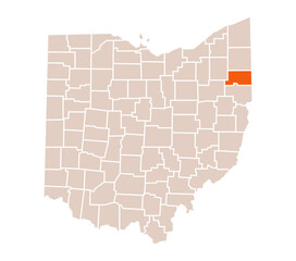 Fototapeta premium Mahoning County Highlighted on Ohio State Map in Orange Color