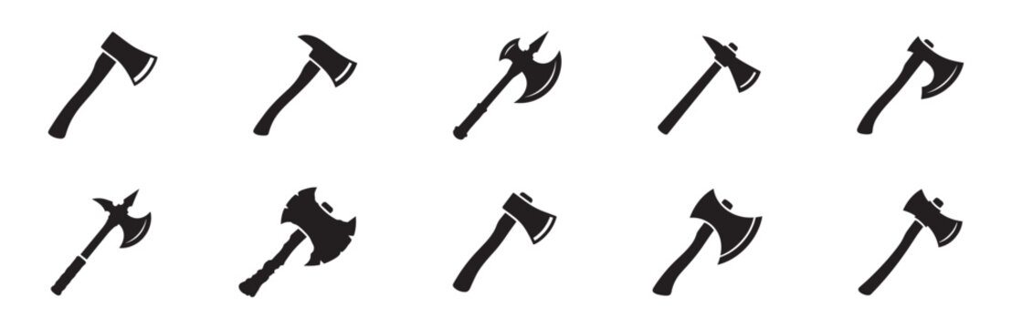Axe icon set. Medieval battleaxe, lumberjack hatchet, tactical axe, fantasy weapon and ancient executioner hatchets. Vector illustration.