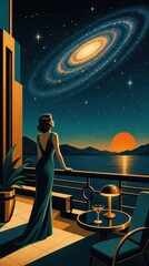 Obraz premium Art Deco mobile wallpaper of a woman gazing at a galaxy over the ocean.