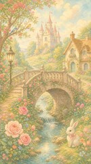 Fototapeta premium Whimsical pastel fantasy garden castle mobile wallpaper