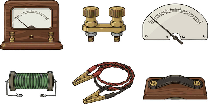 Vintage Electrical Laboratory Equipment and Physics Experiment Set with Wooden Galvanometer, Resistor, Binding Posts, and Alligator Jumper Cable Clips Vector Icons