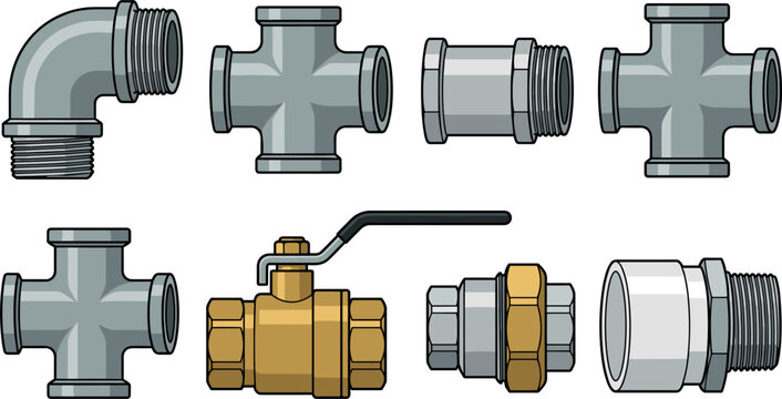Industrial Plumbing Pipe Fitting Vector Icon Set with Steel Couplings Brass Ball Valve Threaded Elbow and Metallic Cross Joint Illustrations