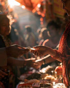Hand exchange of money at a bustling middle eastern market bazaar street scene with colorful customers and vendors