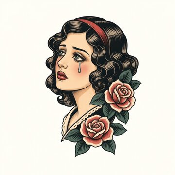 Vintage crying woman with roses illustration