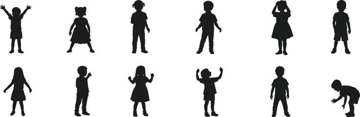 Children silhouette poses, black vector kids, standing, bending, raising arms, gesture icons, child development, posture study, body language © Mst