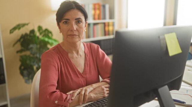 Woman sitting at computer with folded hands on desk in office building near bookshelf and plant; focused professionalism.