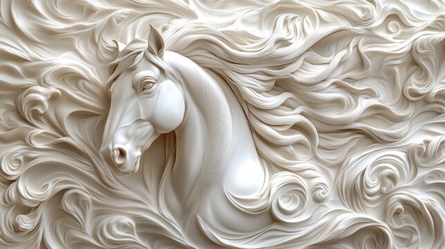 Ornate white horse bas-relief wall art