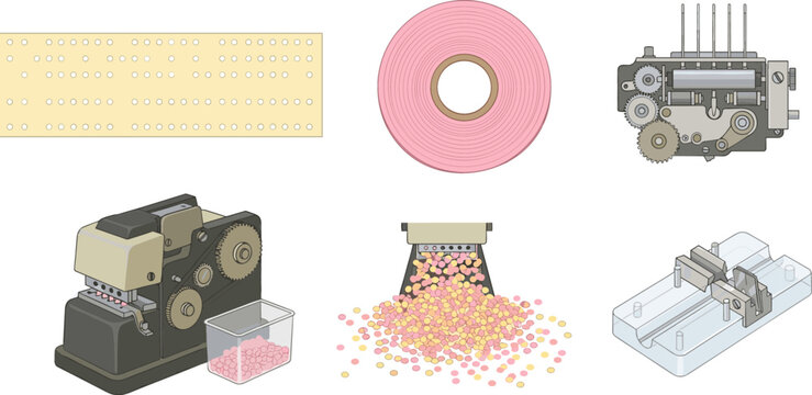 Vintage Punched Card and Paper Tape Data Processing Icon Set with Mechanical Punching Machine Chad Waste and Reader Elements for Retro Computing History Designs