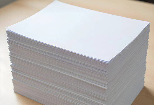 Stack of blank white paper sheets on a light wooden desk, office supplies and document organization
