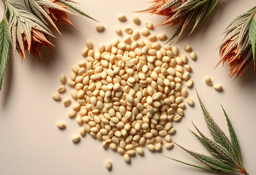 Hemp seeds and cannabis leaves, natural health and wellness, plant based nutrition, superfood ingredient