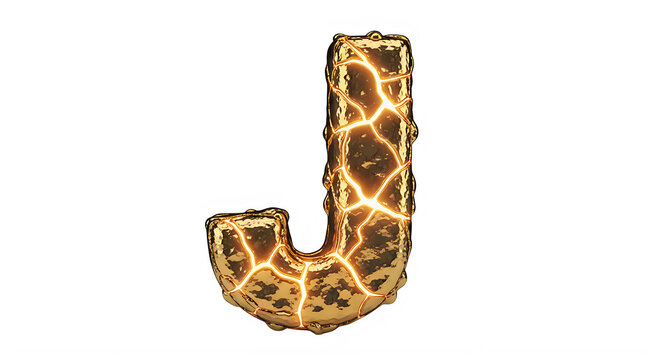 Golden three dimensional letter J with cracked texture design element transparent background