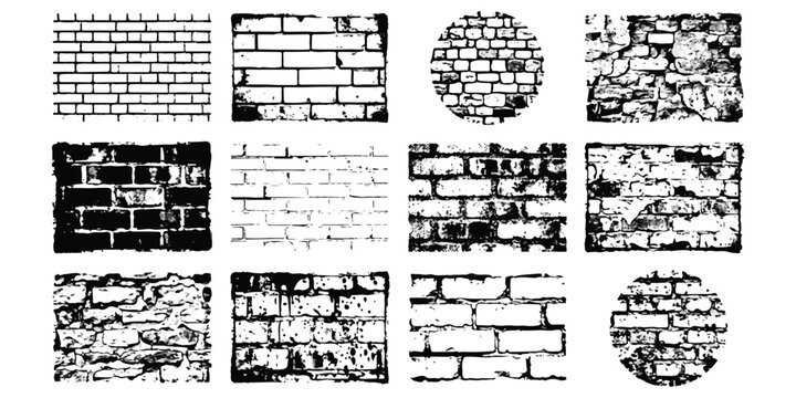 Set of black and white brick wall textures and stone patterns in various graphic styles