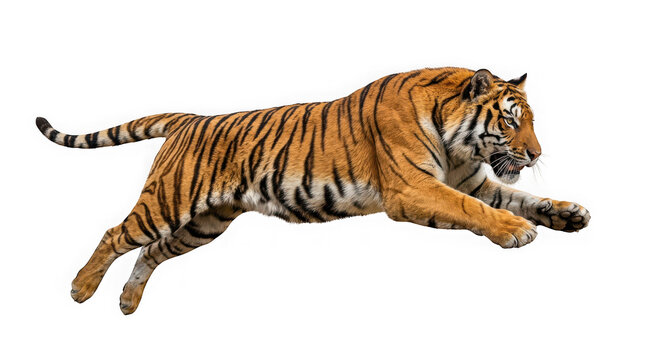 A powerful tiger in midair pouncing or leaping forward isolated on transparent background