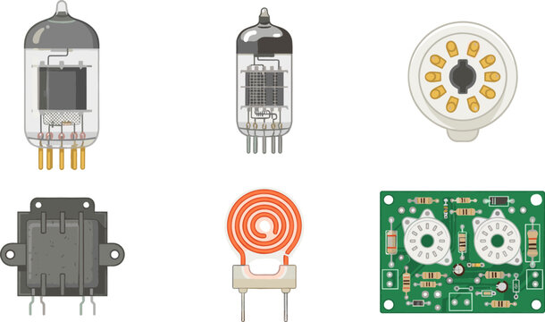 Vintage Vacuum Tube Audio Amplifier Icon Set with Thermionic Valve Tube Socket Transformer Induction Coil and Circuit Board Elements for Retro Electronics Designs