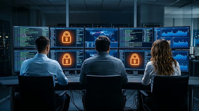 Security personnel monitoring multiple surveillance screens in a control room security guard monitoring screens