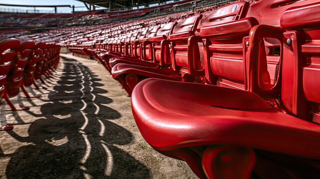 Rows of empty, bright red stadium seats cast long shadows