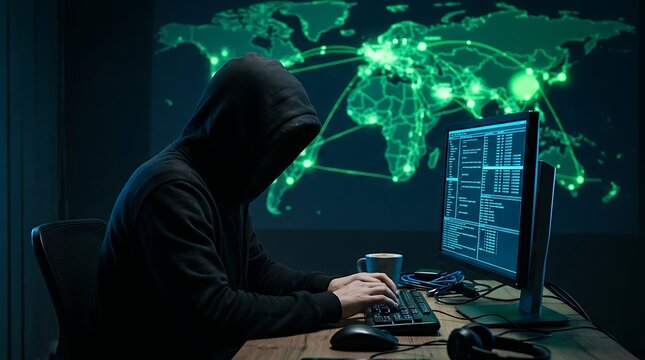 Person in dark hoodie working on laptop with holographic data visualization screen dark clothing computer screen