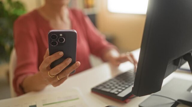 Woman holding smartphone with hand while typing at computer in building, seated at desk with monitor, keyboard, mouse and documents, wearing pink blouse and rings; focus productivity.