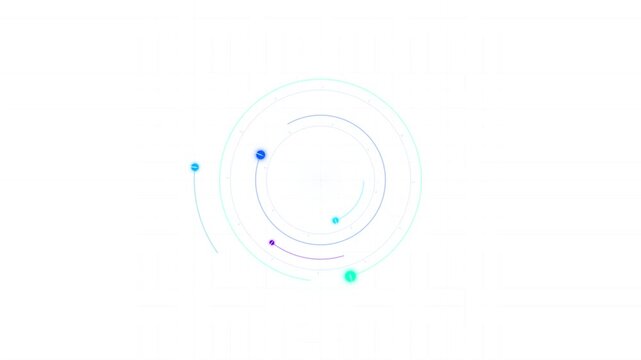 Minimalist futuristic circular HUD interface on a white background with neon blue, cyan, and purple rotating rings, glowing data nodes, and a subtle grid pattern for tech visualization.