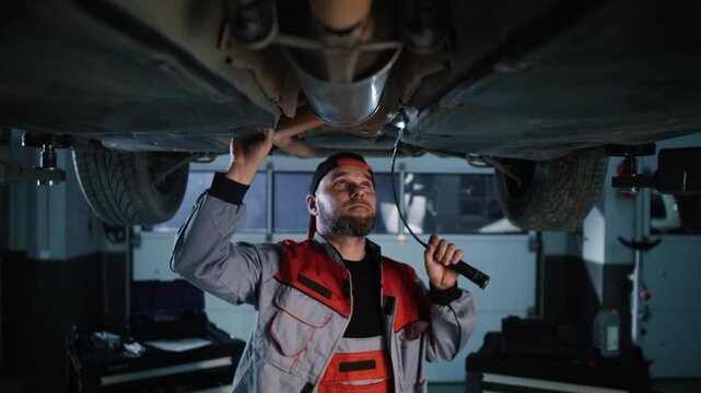 A mechanic's work diagnosing a vehicle's suspension system at an auto repair shop using a lift 