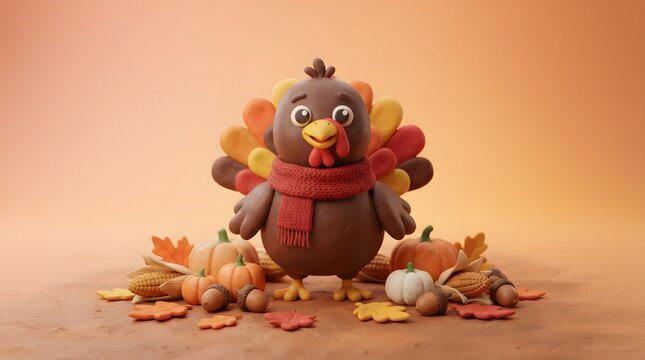 A cute cartoon turkey wearing a cozy red scarf surrounded by autumn leaves and pumpkins for a festive and warm happy thanksgiving holiday season celebration