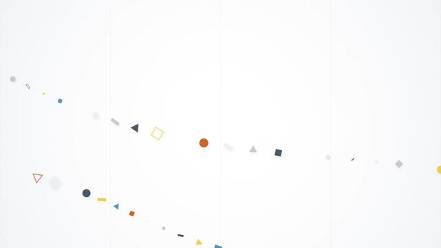 Abstract motion background with multicolored geometric shapes including circles, triangles, and squares floating on a clean white surface with subtle grid lines and minimalist composition.
