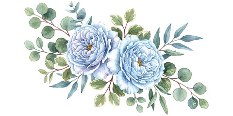Beautiful watercolor flower arrangement with blue and purple roses and green eucalyptus leaves ©  creative  marlia