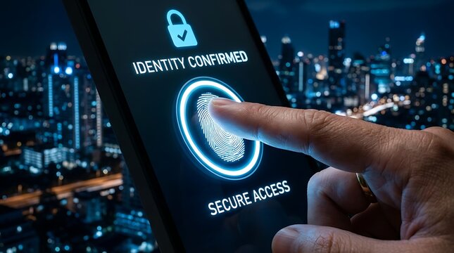 Fingerprint scan on smartphone screen confirms identity and grants secure access against a blurred cityscape at night