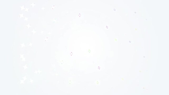Minimalist high-key white background featuring soft multicolored glowing stars and sparkles scattered around a central empty white space for text or logo overlay.
