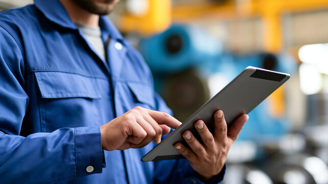 Predictive maintenance technology displayed on an industrial engineer's tablet in a factory setting, with copy space