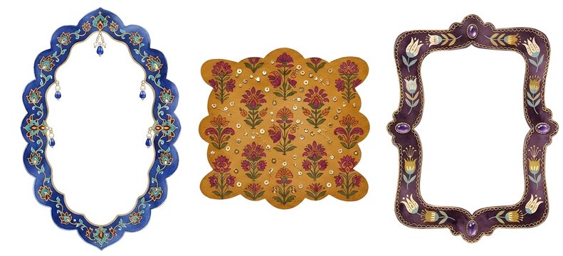 Set of decorative empty frames and floral pattern border elements for design with decorative ornamental artistic rectangle