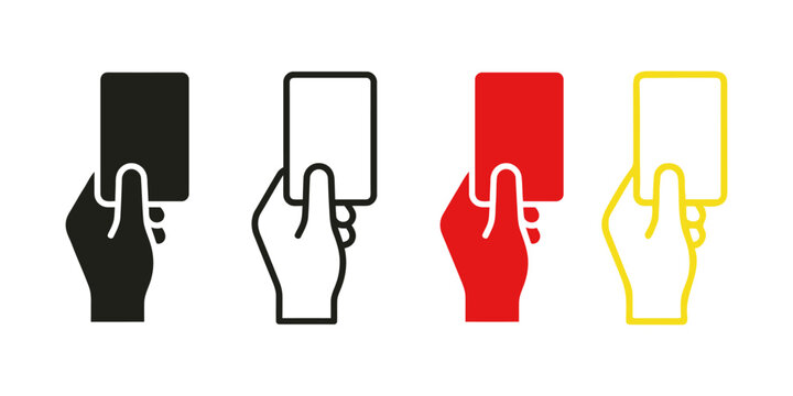 A professional vector icon set featuring hands holding referee cards for sports and penalty game design elements