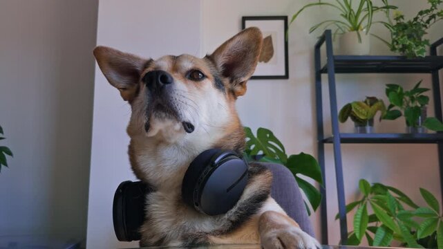Serious Office Dog Wearing Headphones During Online Meeting

Professional-looking corgi mix wearing headphones while focusing on a laptop. Funny remote work concept for virtual meetings 