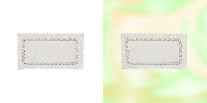 Blank fabric rectangular patch with embroidered border isolated on white background.