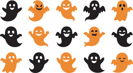 Obraz premium A collection of cute ghosts for a spooky halloween vector illustration featuring various orange and black character designs