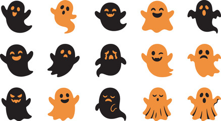 Obraz premium A collection of cute spooky ghosts in a halloween vector illustration set featuring black and orange cartoon characters