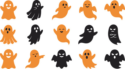 Obraz premium Set of cute black and orange ghosts for a halloween vector illustration with various spooky character expressions