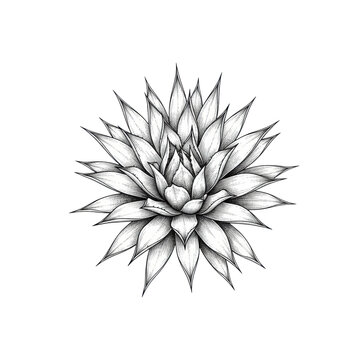 Single agave plant with rigid spiky leaves and a dense central rosette, rendered in a traditional ink illustration style with archival scientific study atmosphere