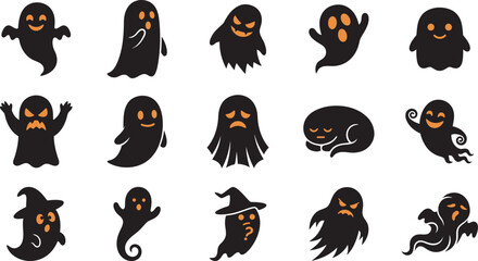 Fototapeta premium Set of cute spooky ghosts and carved pumpkins in a flat halloween vector illustration for seasonal holiday design projects