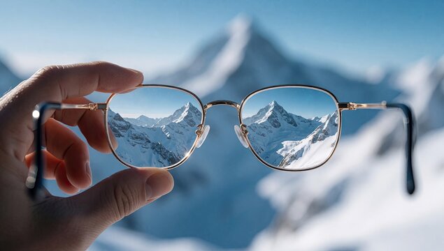 Hand holding eyeglasses showing sharp snowy mountain peaks through lenses, blurred background, clear vision concept