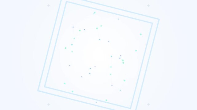Abstract digital plexus network with blue and teal triangular nodes and connecting lines displayed within a square HUD frame on a bright, minimalist white background.