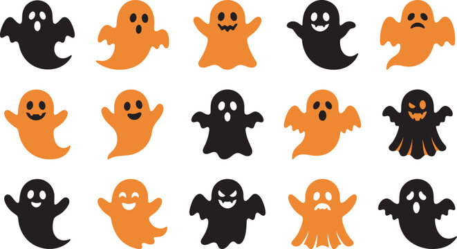 Set of cute black and orange ghosts for a fun halloween vector illustration collection on white background