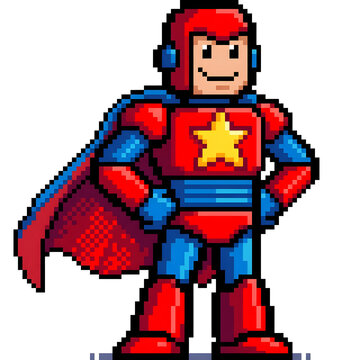 Pixel art superhero man in red blue costume with cape and star emblem.