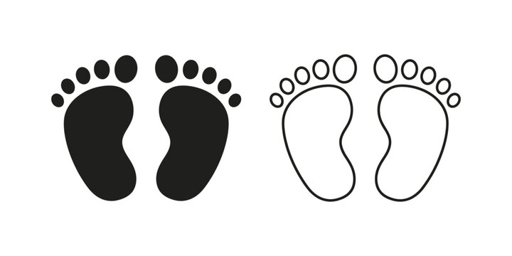Minimalist baby footprint icon set featuring solid black and outlined style designs for nursery and parenting graphic projects