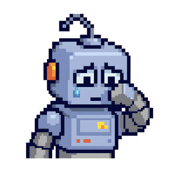 Sad pixel art robot crying tears isolated on white background.