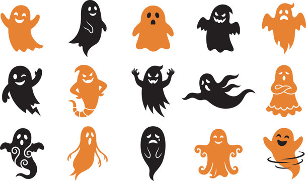 Set of cute spooky ghosts for halloween vector illustration featuring various hand drawn orange and black spectral characters