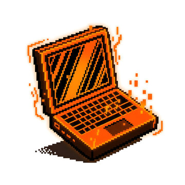 Pixel art illustration of a glowing orange laptop burning with intense digital heat energy.